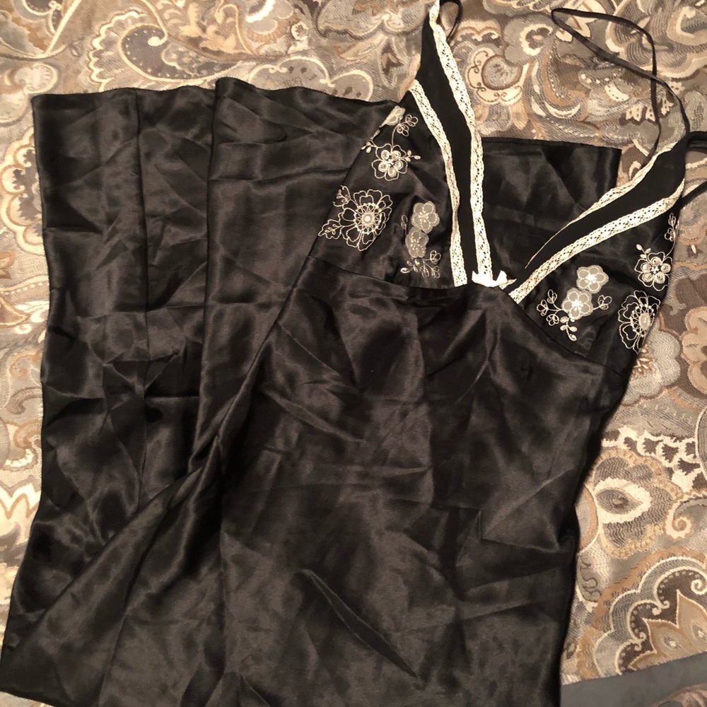 Sexy black satin maxi lingerie with lace/ bead design